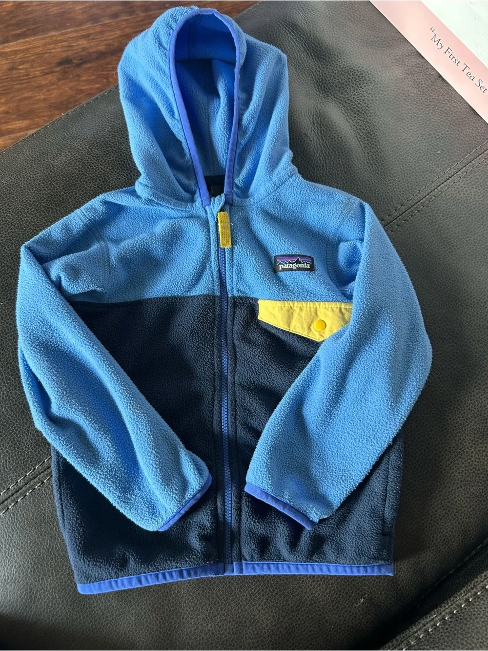 Patagonia Kids Blue & Navy Fleece Hoodie with Yellow Pocket Accent